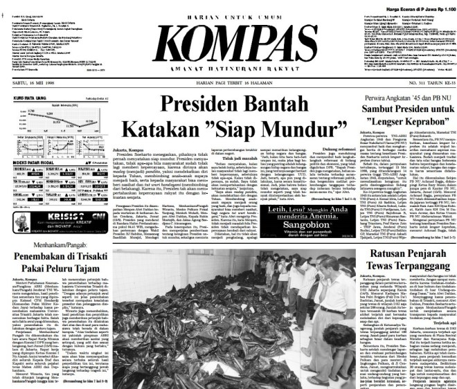 Berita utama Harian Kompas 16 Mei 1998 berjudul 