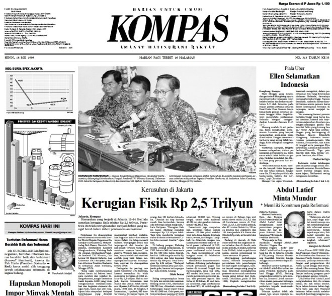 Berita utama Harian Kompas Senijn 18 Mei 1998 berjudul 