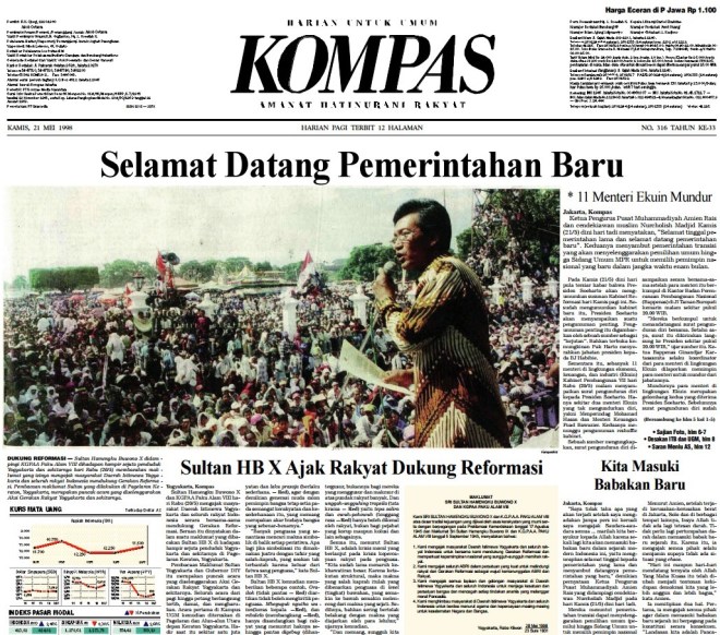 Berita utama Harian Kompas 21 Mei 1998 berjudul "Selamat Datang Pemerintahan Baru"