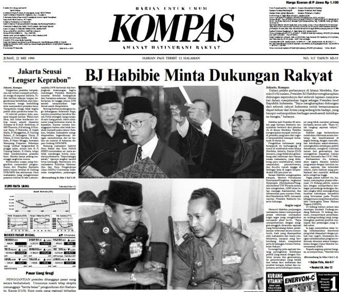 Berita utama Harian Kompas 22 Mei 1998 berjudul "BJ Habibie Minta Dukungan Rakyat"